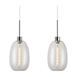 Lori pendant light with two clear trapezium glass shades on satin nickel rods, each fitted with a visible bulb, shown on a plain white background.