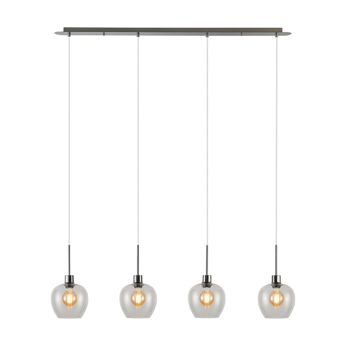Lori 4 Light Clear Wine Glass Pendant Light with satin nickel bar and cords, four clear glass shades on a linear fitting, shown on a white background.