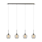 Lori 4 Light Clear Wine Glass Pendant Light with satin nickel bar and cords, four clear glass shades on a linear fitting, shown on a white background.