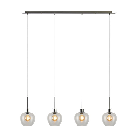 Lori 4 Light Clear Wine Glass Pendant Light with satin nickel bar and cords, four clear glass shades on a linear fitting, shown on a white background.