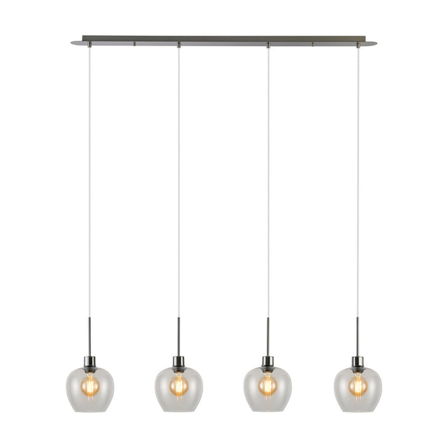 Lori 4 Light Clear Wine Glass Pendant Light with satin nickel bar and cords, four clear glass shades on a linear fitting, shown on a white background.