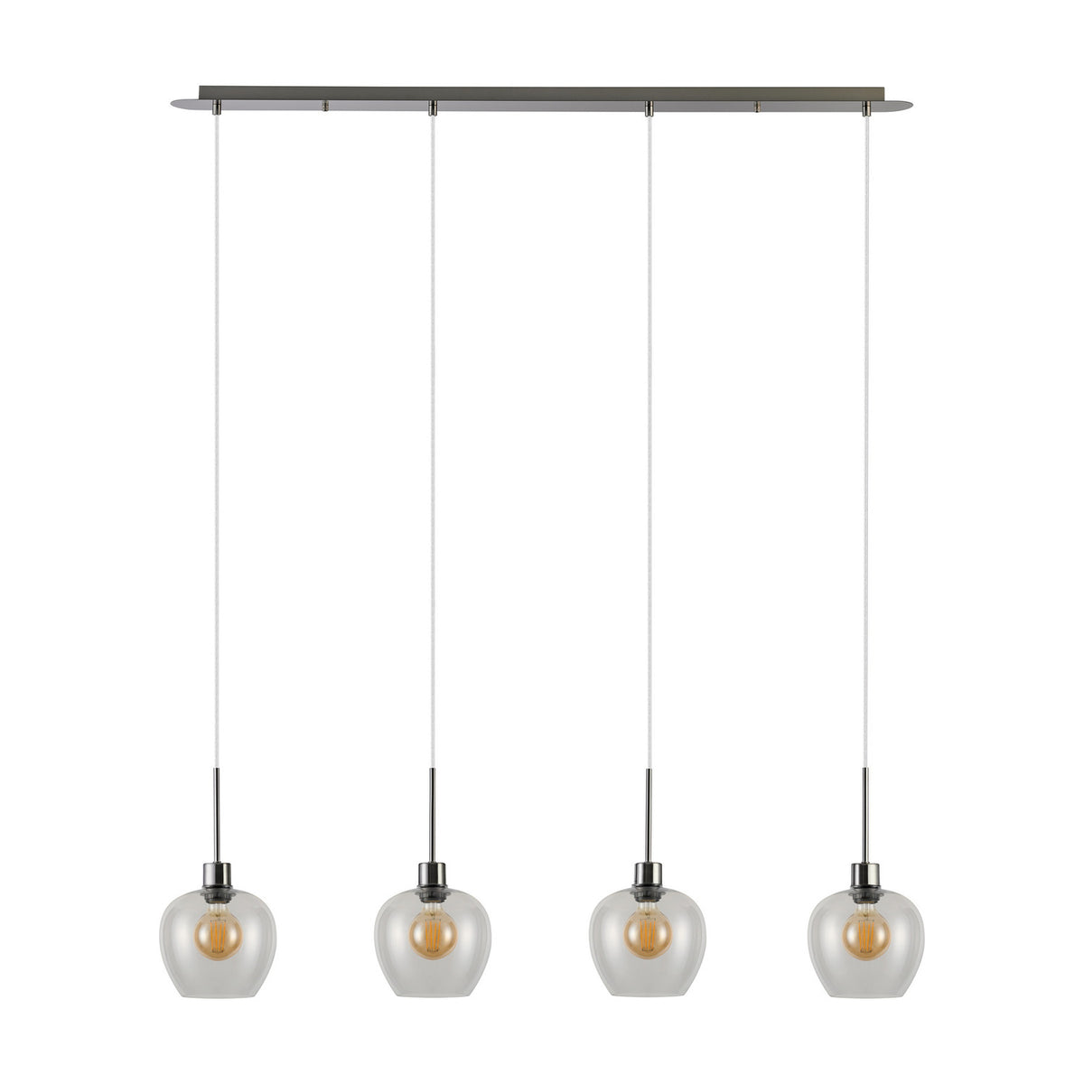 Lori 4 Light Clear Wine Glass Pendant Light with satin nickel bar and four tapered glass shades on cords, shown on a plain white background.