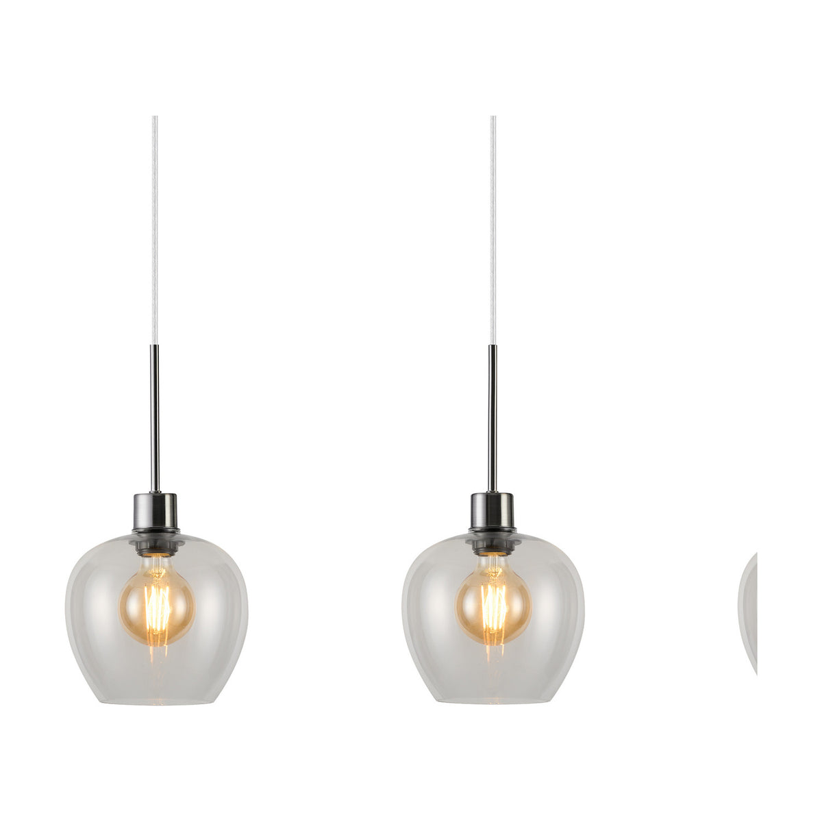 Lori 4 Light Clear Wine Glass Pendant Light 80mm in Satin Nickel, showing two glass shades with visible filament bulbs on slim rods against a white background.