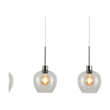 Lori 4 Light Clear Wine Glass Pendant Light in satin nickel, showing two rounded clear glass shades with visible bulbs on slim vertical rods against a plain white background.