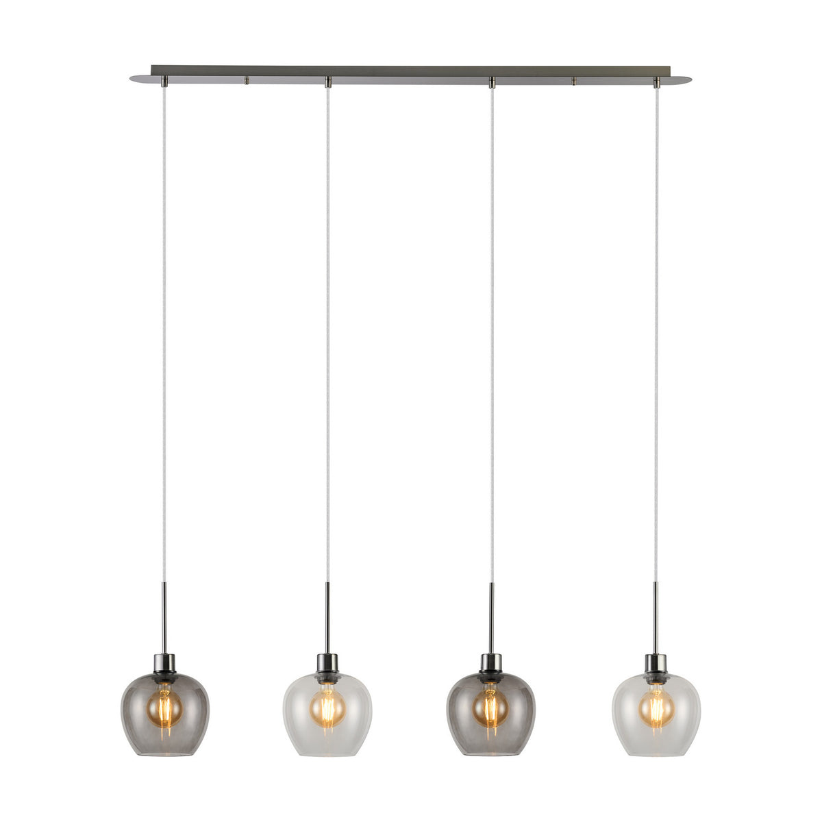 Lori 4 Light Clear Pendant 1.2m Long, a linear satin nickel bar suspending four wine-shaped glass shades in clear-to-smoke tones with visible bulbs, shown on a plain white background.