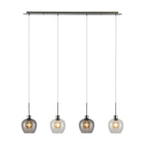 Lori 4 Light Clear Pendant 1.2m Long, a linear satin nickel bar suspending four wine-shaped glass shades in clear-to-smoke tones with visible bulbs, shown on a plain white background.