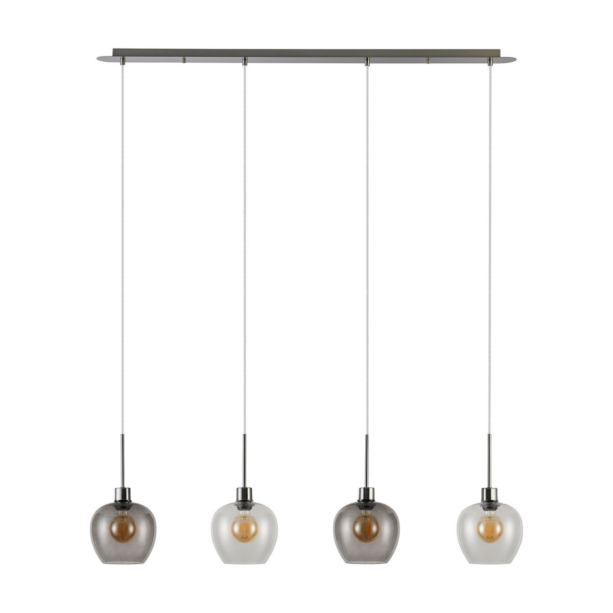 Lori 4 Light Clear Pendant, satin nickel bar with four wine-shaped glass shades in clear-to-smoke finish on adjustable cords, shown on a white background.