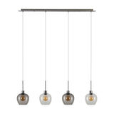 Lori 4 Light Clear Pendant, satin nickel bar with four wine-shaped glass shades in clear-to-smoke finish on adjustable cords, shown on a white background.