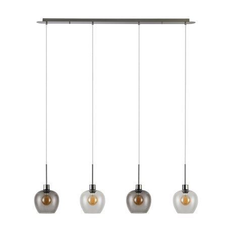 Lori 4 Light Clear Pendant, satin nickel bar with four wine-shaped glass shades in clear-to-smoke finish on adjustable cords, shown on a white background.