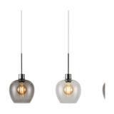 Lori 4 Light Clear Pendant with wine-shaped glass shades in clear-to-smoke glass, hung from satin nickel cord sets with exposed E27 bulbs, shown against a plain white background.