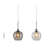 Lori 4 Light Clear Pendant with satin nickel bar and rounded glass shades in clear to smoke tones, shown individually on a white background with visible bulbs.