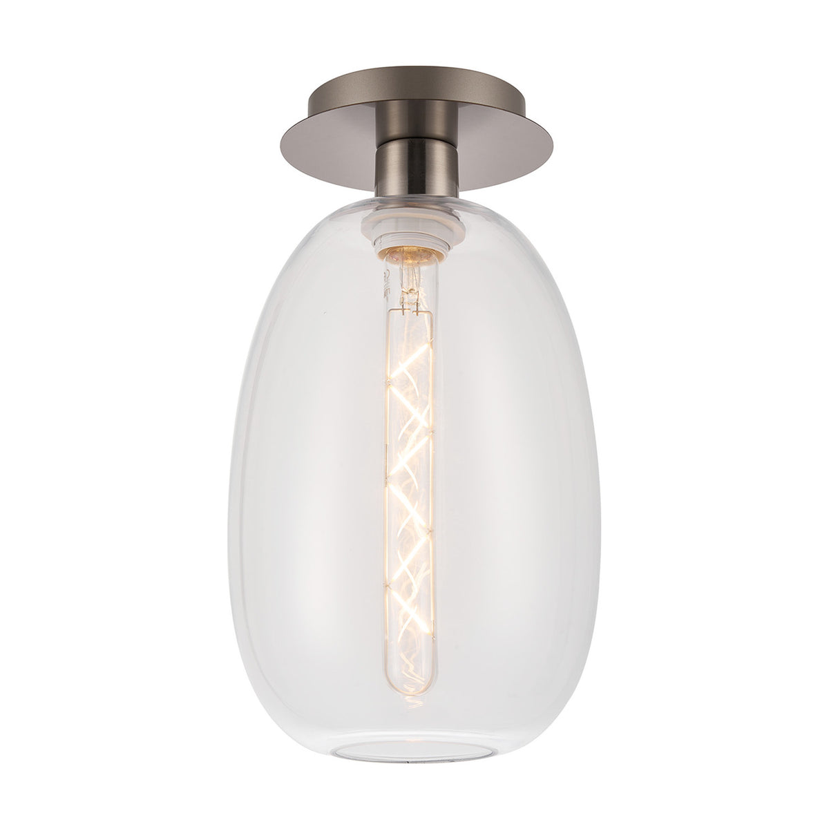 Lori flush ceiling light with a clear glass trapezium shade and satin nickel ceiling plate, exposed E27 filament bulb, shown on a plain white background.