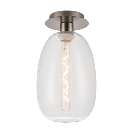 Lori flush ceiling light with a clear glass trapezium shade and satin nickel ceiling plate, exposed E27 filament bulb, shown on a plain white background.