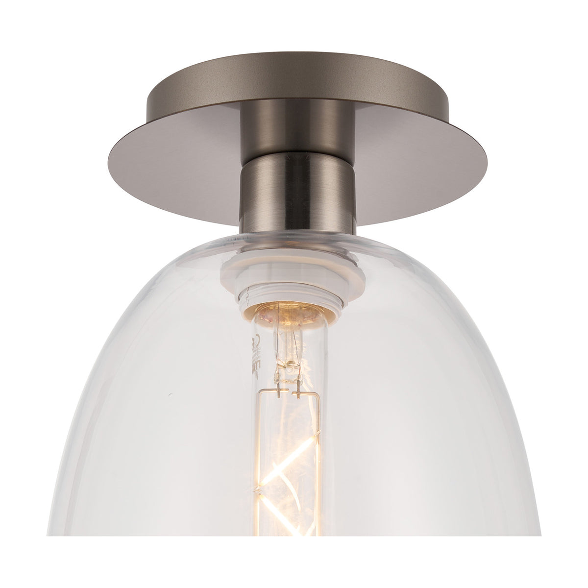 Close-up of the Lori flush ceiling light, showing a satin nickel ceiling plate and E27 bulb holder within a clear curved trapezium glass shade, set against a white background.