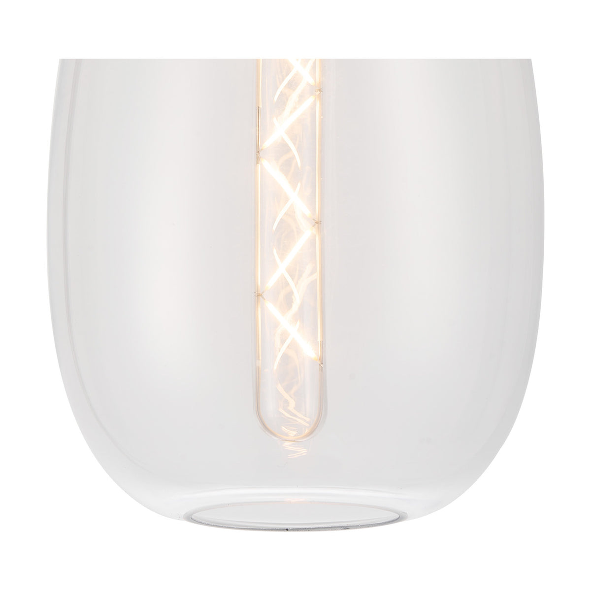 Close-up of the Lori Clear Trapezium Flush Ceiling Light 15cm in satin nickel, showing the curved clear glass shade with an exposed E27 spiral filament bulb on a plain white background.