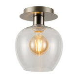 Lori E27 flush ceiling light with a clear wine-glass shaped glass shade beneath a round satin nickel ceiling plate, shown lit against a plain white background.