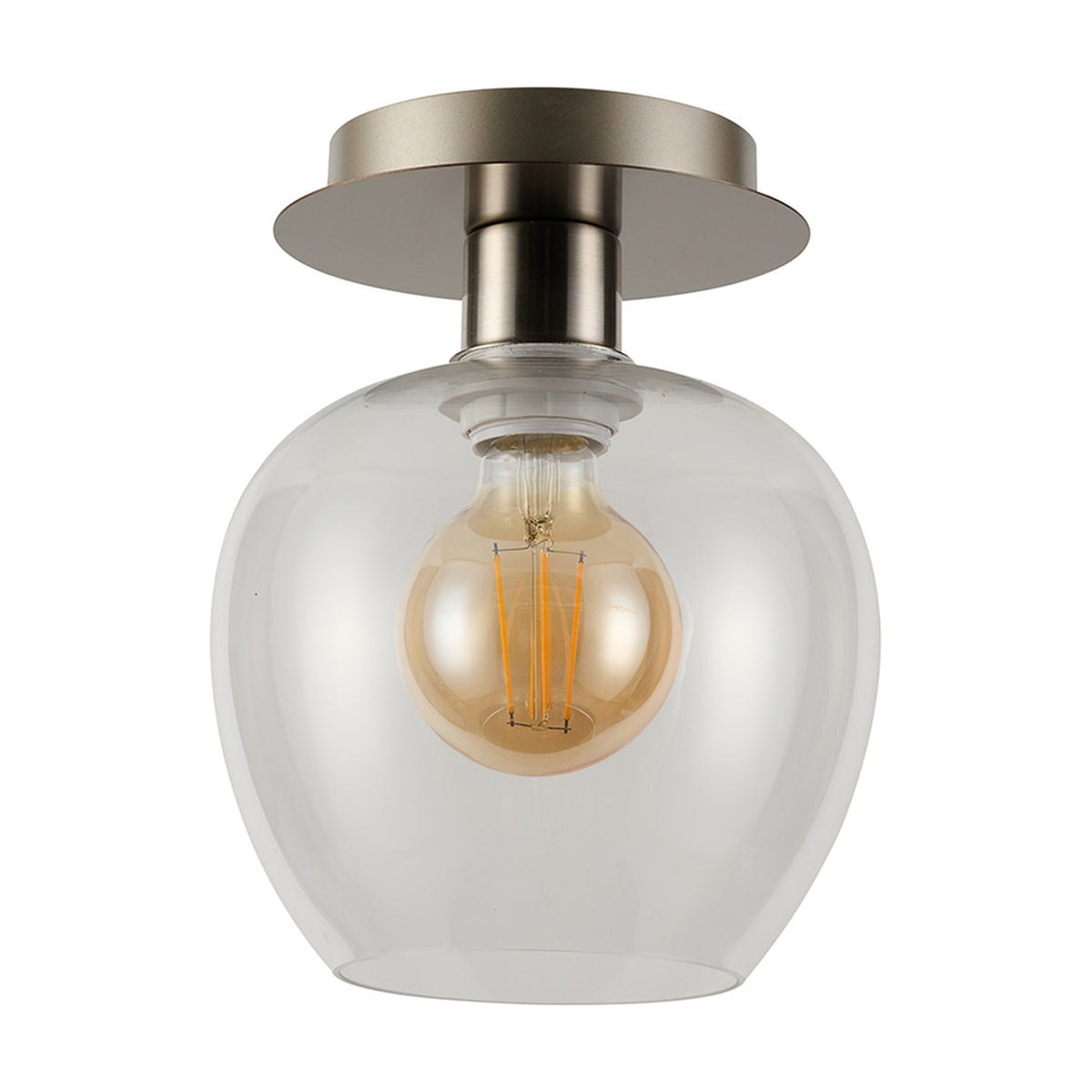 Lori E27 flush ceiling light with a clear wine-glass shaped glass shade beneath a round satin nickel plate, showing an exposed filament bulb, on a plain white background.