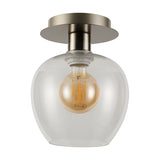 Lori E27 flush ceiling light with a clear wine-glass shaped glass shade beneath a round satin nickel plate, showing an exposed filament bulb, on a plain white background.