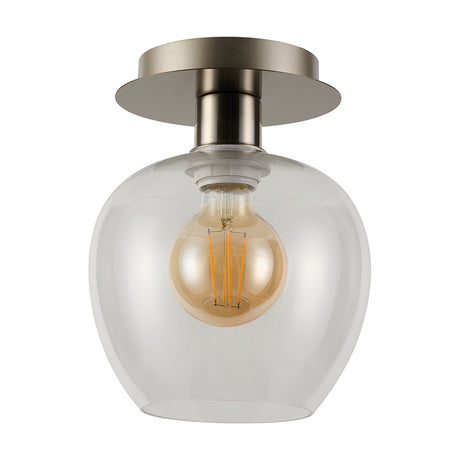 Lori E27 flush ceiling light with a clear wine-glass shaped glass shade beneath a round satin nickel plate, showing an exposed filament bulb, on a plain white background.