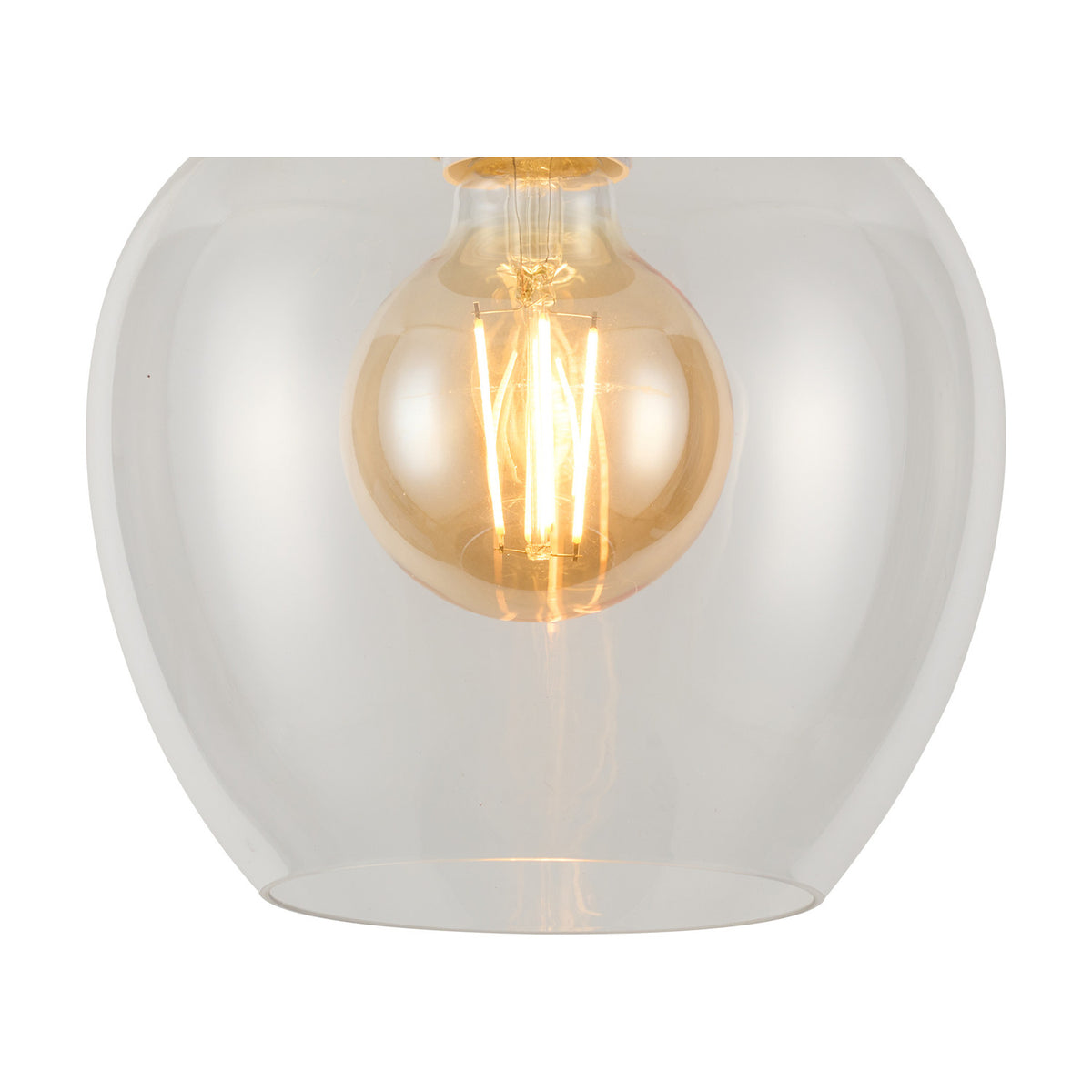 Lori E27 flush ceiling light with clear wine-glass shaped glass shade and satin nickel ceiling plate, shown with an amber LED globe bulb on a white background.
