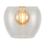 Lori E27 flush ceiling light with clear wine-glass shaped glass shade and satin nickel ceiling plate, shown with an amber LED globe bulb on a white background.