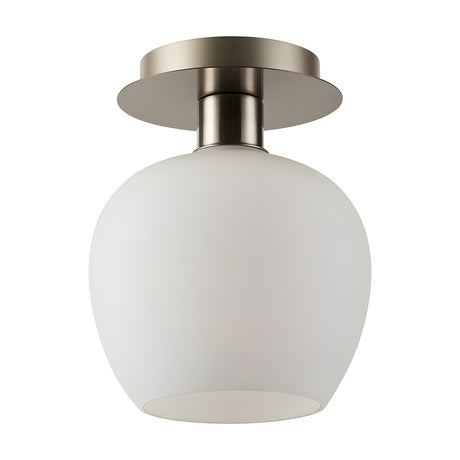 Lori Round Flush Ceiling Light in satin nickel, featuring a shallow round ceiling plate and a globe-shaped opal glass shade, shown against a plain white background.