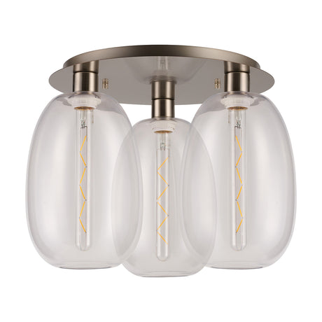 Lori 3 Light Trapezium Clear Flush Light 40cm in satin nickel, with three clear glass shades holding visible E27 filament bulbs on a round ceiling plate, shown against a plain white background.