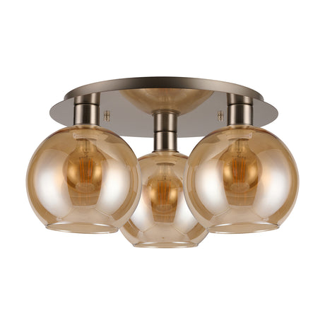 3 Light E27 Ceiling Light 40cm Amber Glass - Satin Nickel
