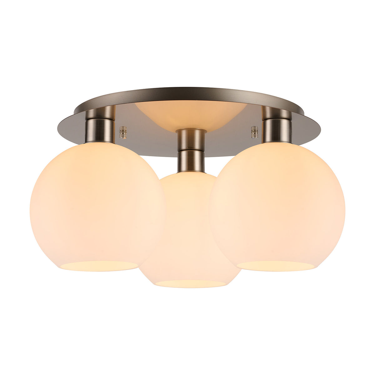 Lori 3 Light E27 Flush Ceiling Light, 40cm satin nickel plate with three round opal glass globe shades, shown lit against a plain white background.