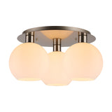 Lori 3 Light E27 Flush Ceiling Light, 40cm satin nickel plate with three round opal glass globe shades, shown lit against a plain white background.