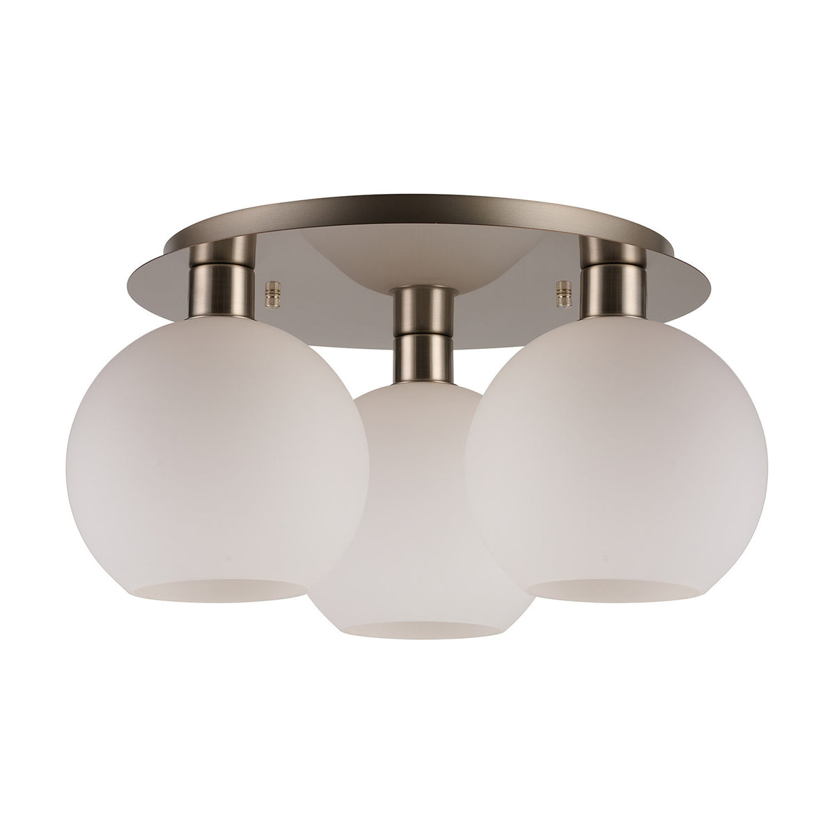 Lori 3 Light E27 flush ceiling light with three round opal glass globes on a 40cm satin nickel ceiling plate, shown on a plain white background.