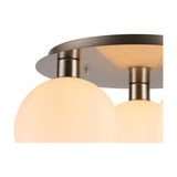 Close-up of the Lori 3 Light E27 Flush Ceiling Light showing opal glass globes with satin nickel fittings against a satin nickel ceiling plate.