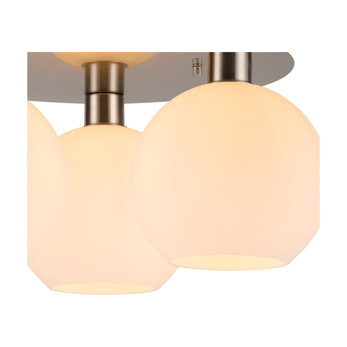 Close-up of the Lori 3 Light E27 Flush Ceiling Light, showing opal glass globes glowing warmly beneath a satin nickel plate, set against a plain white background.