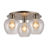 Lori 3 Light Wine Clear Flush Ceiling Light, satin nickel round fitting with three tapered clear glass shades and visible filament bulbs, shown on a white background.