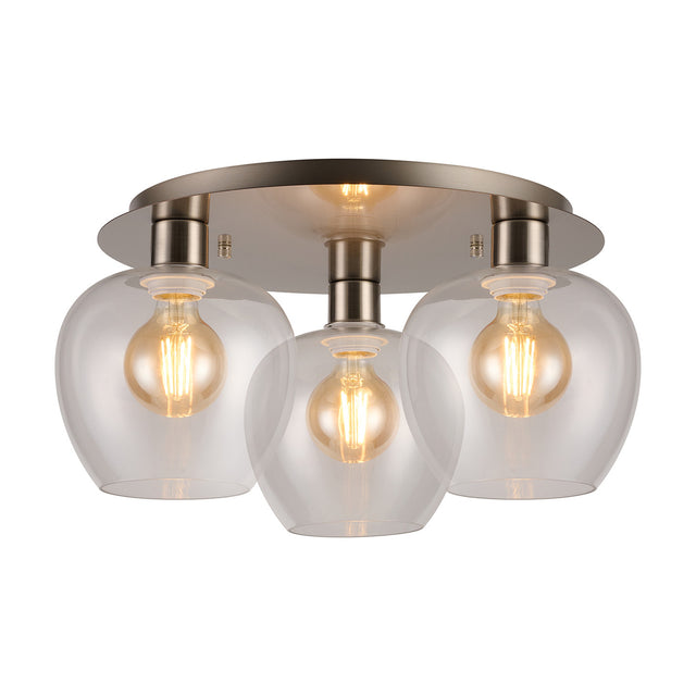 Lori 3 Light Wine Clear Flush Ceiling Light, satin nickel round fitting with three tapered clear glass shades and visible filament bulbs, shown on a white background.