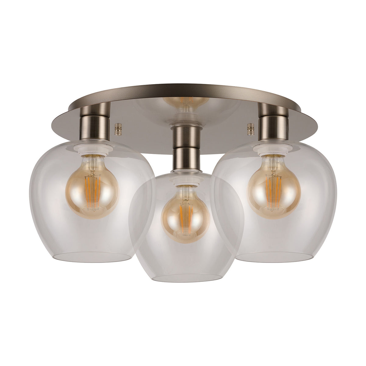 Lori 3 Light Wine Clear Flush Ceiling Light 40cm in Satin Nickel, featuring three wine-glass shaped clear glass shades with visible filament bulbs on a round nickel base, shown on a white background.