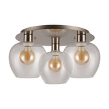 Lori 3 Light Wine Clear Flush Ceiling Light 40cm in Satin Nickel, featuring three wine-glass shaped clear glass shades with visible filament bulbs on a round nickel base, shown on a white background.