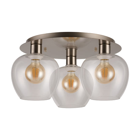 Lori 3 Light Wine Clear Flush Ceiling Light 40cm in Satin Nickel, featuring three wine-glass shaped clear glass shades with visible filament bulbs on a round nickel base, shown on a white background.