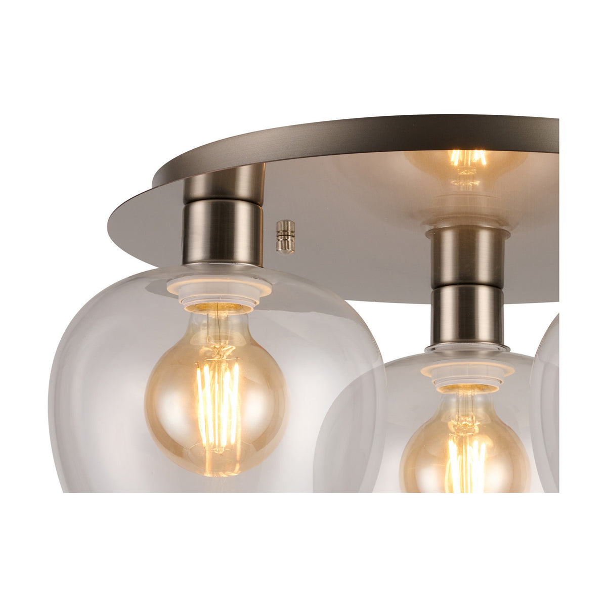 Close-up of the Lori 3 Light Flush Ceiling Light in satin nickel, showing wine-glass shaped clear glass shades with visible E27 filament bulbs.