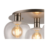 Close-up of the Lori 3 Light Flush Ceiling Light in satin nickel, showing wine-glass shaped clear glass shades with visible E27 filament bulbs.