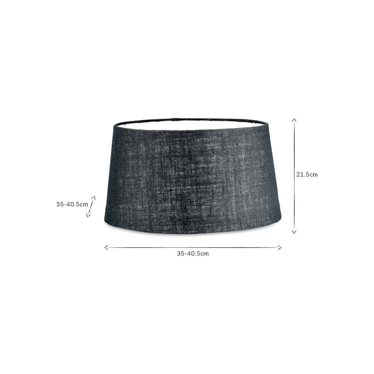 Dia Medium Jute Lampshade in Ink, a tapered drum shade with textured dark blue-black weave and pale inner lining, shown on a plain white background with dimension guides.