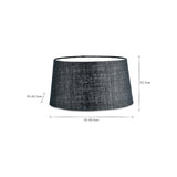 Dia Large Jute Lampshade in Ink, a tapered drum shade in deep blue-black textured jute with pale inner lining, shown on a plain white background with size markers.