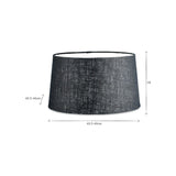 Dia Large Jute Lampshade in Ink, a tapered drum shade in coarse dark blue-black jute with pale lining, shown with dimension markers on a white background.
