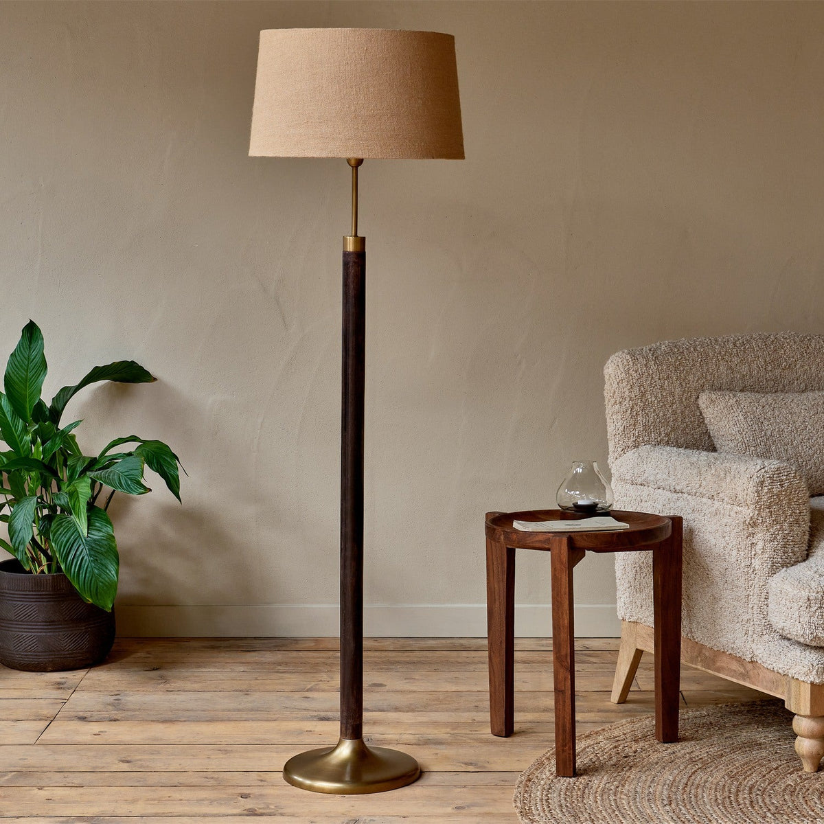 Digha Wood & Metal Floor Lamp Base - Dark Stain & Antique Brass, styled