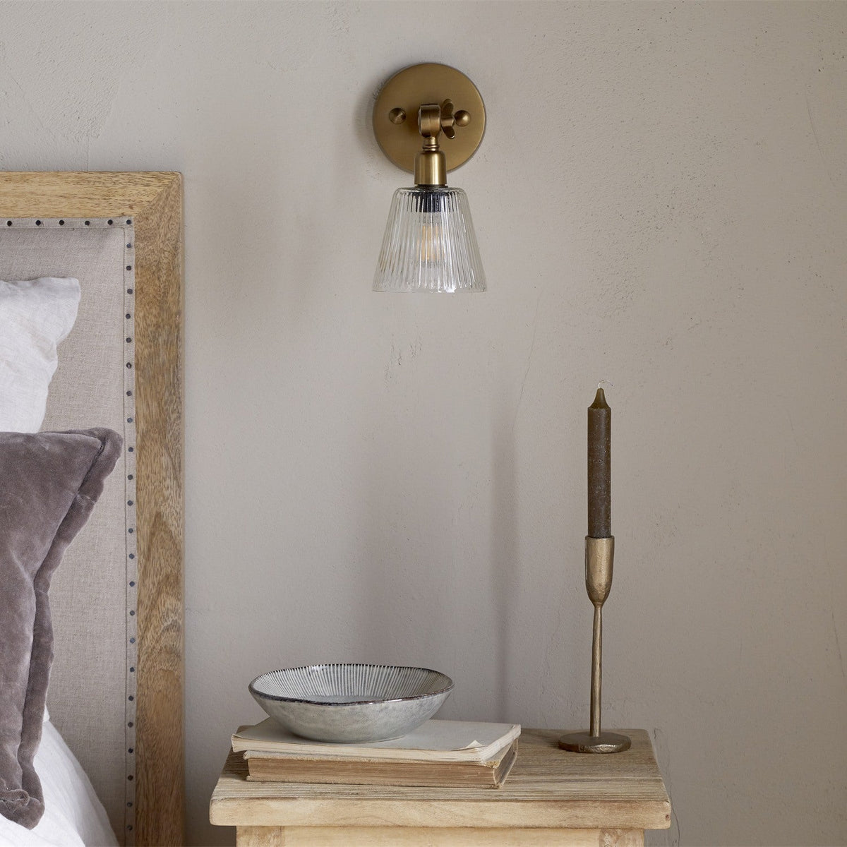 Davika Ribbed Glass Wall Light - Clear & Antique Brass