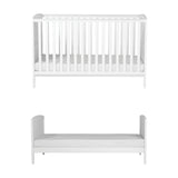Dreamer Convertible Cot Bed & 3 Position Base in white MDF, shown as full slatted cot with mattress above and converted toddler bed with side rails below, on a plain white background.