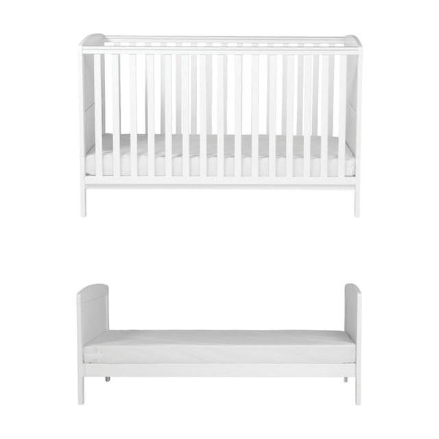 Dreamer Convertible Cot Bed & 3 Position Base in white MDF, shown as full slatted cot with mattress above and converted toddler bed with side rails below, on a plain white background.