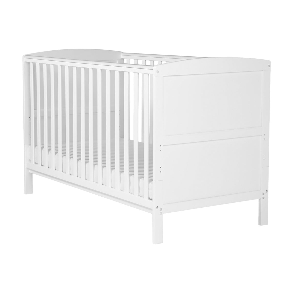 Dreamer Convertible Cot Bed in white MDF, showing slatted sides, solid end panels, and a mattress base, on a plain white background.