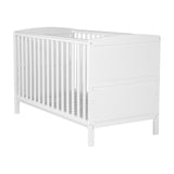 Dreamer Convertible Cot Bed in white MDF finish, showing vertical slatted sides, solid end panels, and sturdy legs on a plain white background.