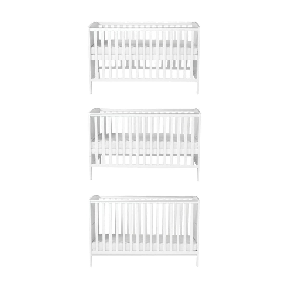 Dreamer Convertible Cot Bed in white MDF, shown at three base height positions with slatted sides and teething rails, on a plain white background.